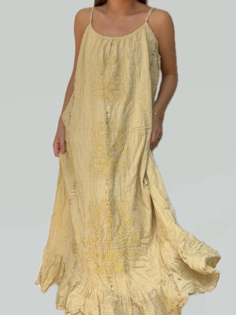 Zara Light Yellow Embroidered Midi Dress with Spaghetti Straps